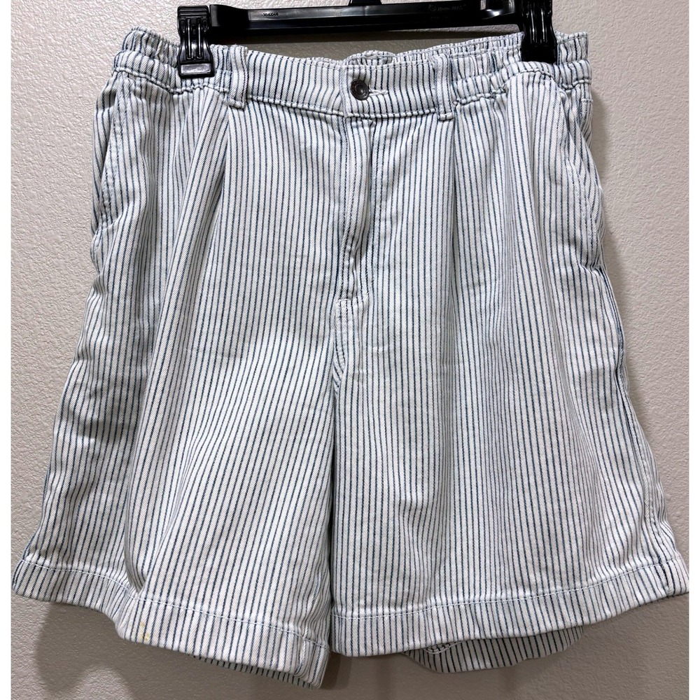 Aerie Shorts Womens Medium Blue White Stripe Pleated Long Elastic Waist